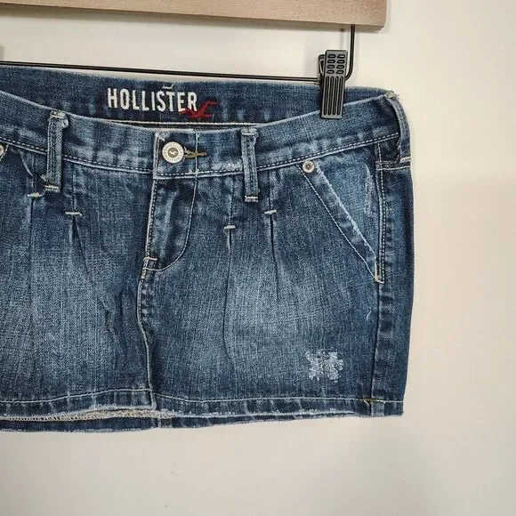 Vtg Hollister Pleated Denim Mini Skirt Low Rise Y2K Distressed Size 0 - Picture 3 of 9
